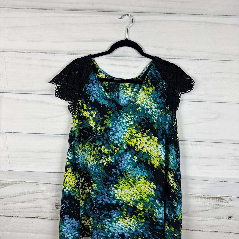 City Streets Multicolored Abstract V-Neck Blouse with Black Lace Cap Sleeves